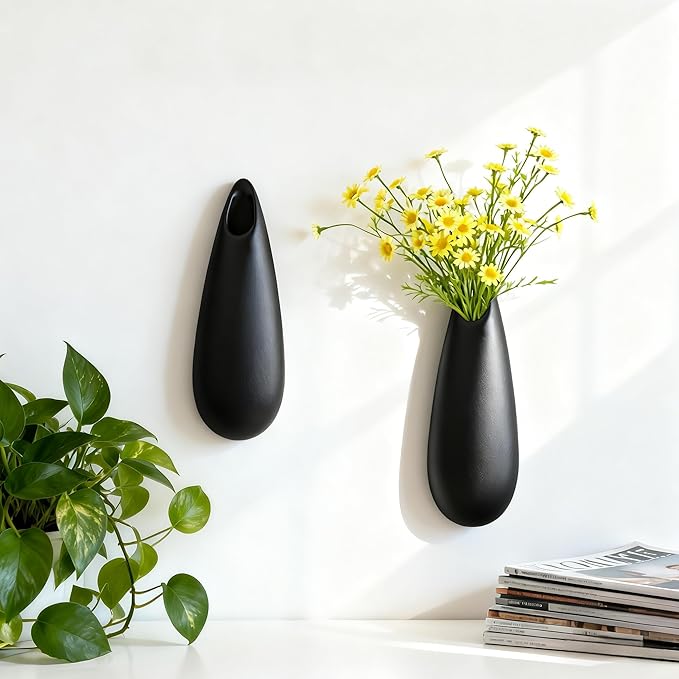 Sculptural Wall Ceramic Vase — 2 Pack Black Hanging Sconce Vase | Turn Flowers into Art — Decorative Ceramic Wall Sconce for Single Stem Displays