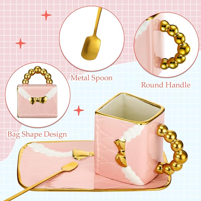 Sliner Handbag Coffee Mug Set- 4 Sets Handbag Coffee Mug with Saucer Spoon 10 Oz/ 310 ml - Cute Ceramic Creative Tea Cup for Women Girls Valentines Gift(Stylish)