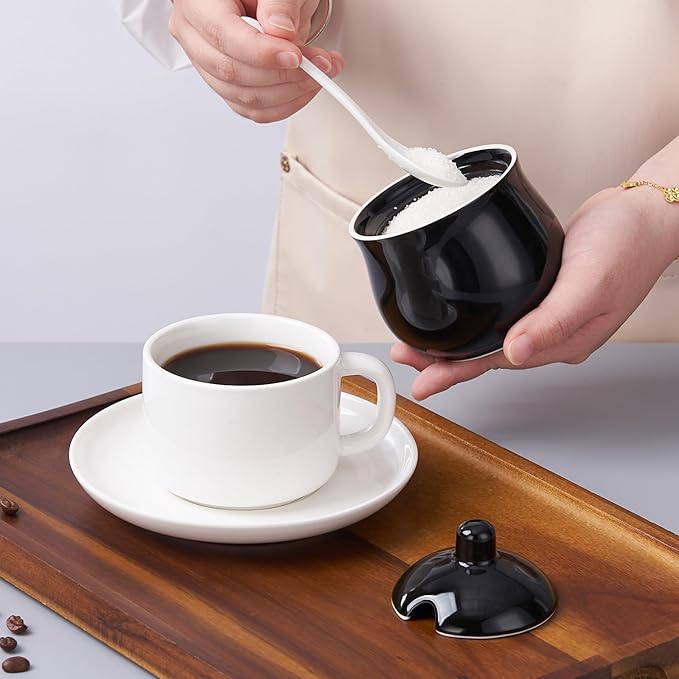 Ceramic Sugar Bowl with Lid and Spoon, Black Porcelain Sugar Salt Pepper Storage Jar, 7 Ounces