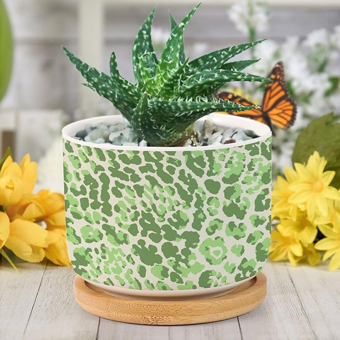 Leopard Green Beige Ceramic Planter Chinoiserie Style Green Snake Plant Live Indoor with Pot with Drainage Holes and Saucers Pot for Pots Outdoor Indoor Plants