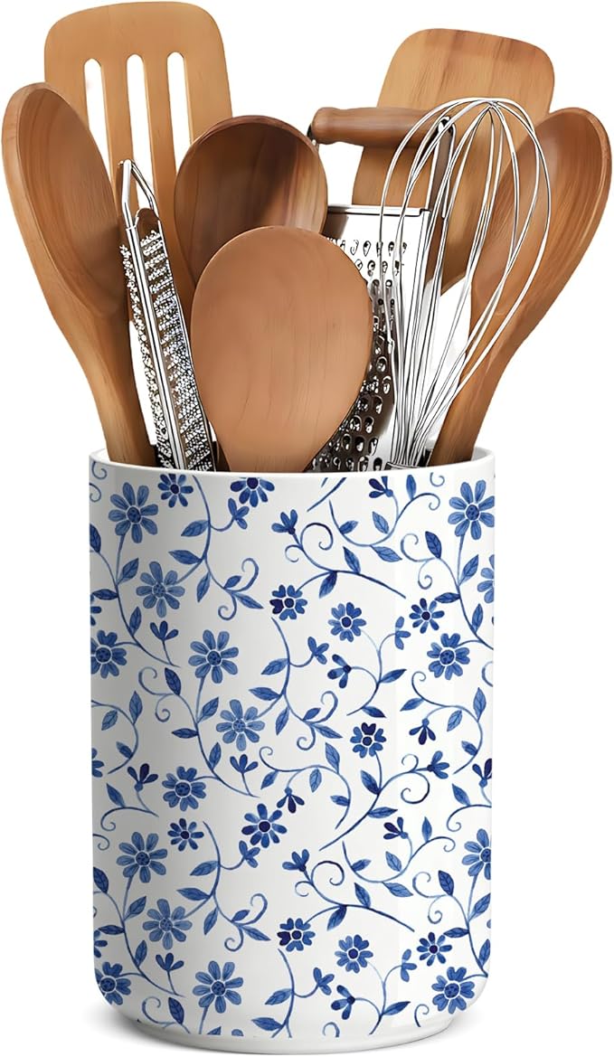 Kitchen Utensil Holder for Kitchen Countertop,Blue Ceramic Utensil Holder,Cooking Utensils Holder, Large Utensil Crock for Counter,Tool Holder,6.3"+4.7"(Blue and White)