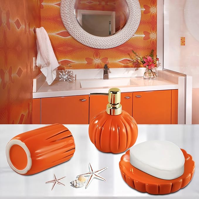 Pumpkin Bathroom Accessories Set, Orange Bathroom Fall Decor, 3PC Ceramic Bathroom Sets Complete, Toothbrush Holders, Soap Dispenser, Soap Dish, Bathroom Organizer for Countertop