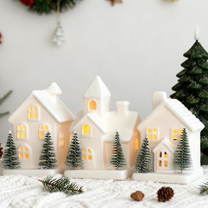 Christmas Decorations - Indoor Christmas Village Set of 3 Lighted Ceramic Houses with Trees - White Xmas Holiday Farmhouse Rustic Decor for Home Table Room