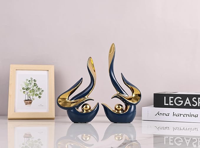 WUBIANJIE Mid Century Modern Abstract Art Home Decor Accent,Porcelain Statues for Living Room Coffee Table Centerpieces for Dining Room,Ceramic Sculptures and Gold Knick Knacks