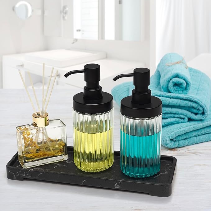 2 PCS Glass Soap Dispenser Set for Bathroom & Kitchen Sink Refillable Liquid Soap Bottle with Squeeze Pump for Hand Dish Soap, Shower Gel, Shampoo and Conditioner-425ML