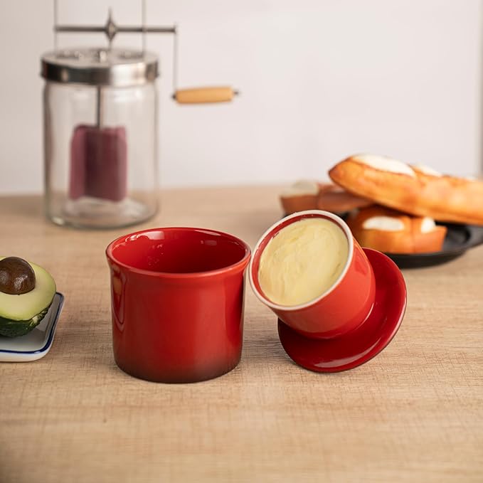 Stoneware Butter Crock with Lid, Ceramic Butter Dish with Water Line, Countertop Butter Keeper, Butter Holder for Countertop, Red Gradient