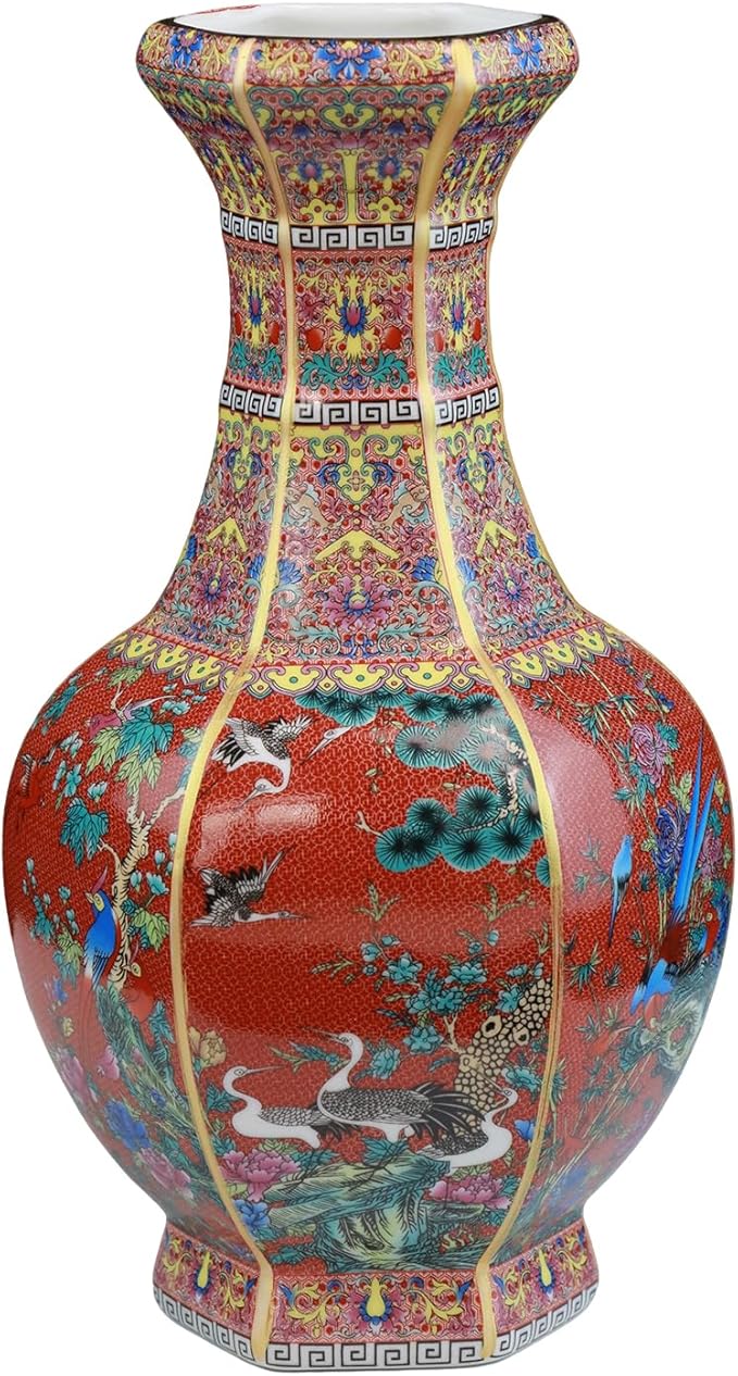 Ceramic Vase - 9.84 Inch Hexagonal Enamel Red Floral Vase with Phoenix Pattern, Chinese Home Decor for Living Room, Gift for Hosewarming