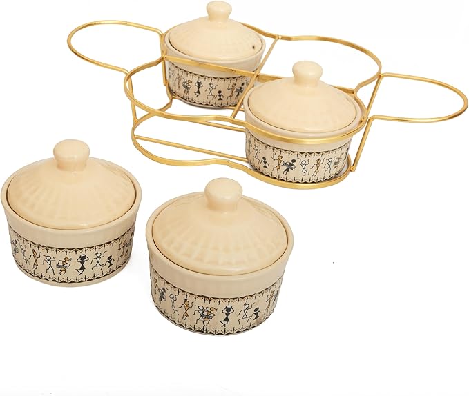Set of 4 Ceramic Containers With Lid & Metal Rack - 5 Oz (150 ml) – Glazed Condiment Holders For Kitchen Counter, Food Storage Jars for Pickle, Dry Fruits, Sauces, Chutneys, Spices, Home Dining Decor