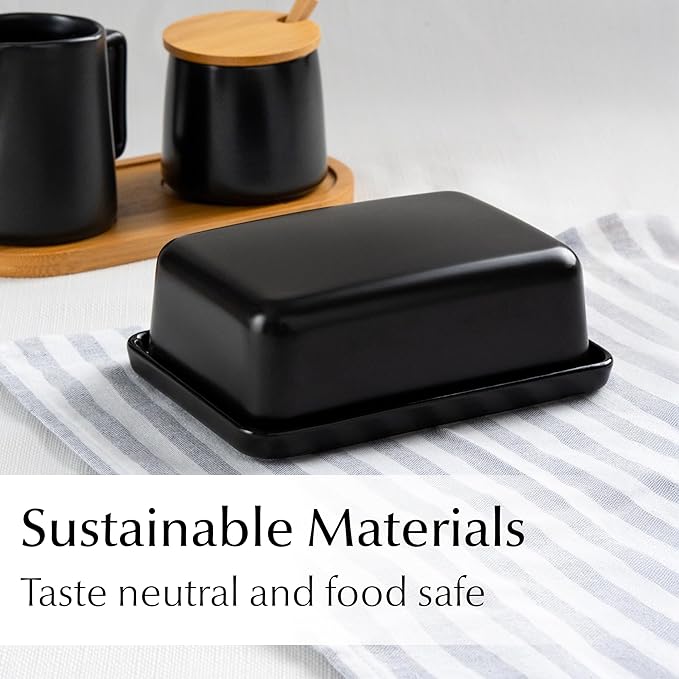 MIAMIO - Ceramic Butter Dish with Lid for Countertop, Holds 2 Sticks of Butter/Butter Holder and Container with Ceramic Lid, Butter Dish for Refrigerator (Black)