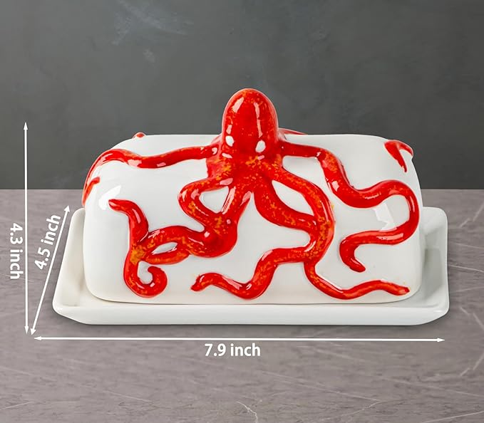 Octopus Butter Dish With Lid For Countertop Ceramic Butter Dish With Cover Red Butter Tray With Lid Butter Holder Large Butter Container For Counter