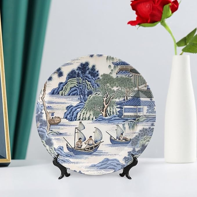 Asian Scenic in Blue And Kelly Green Chinoiserie Ceramic Decorative Plate for Display Housewarming Gifts Club Supplies Festival Wall Holiday Party Decorations Custom Gifts for Men Women Holiday