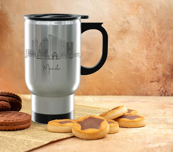 Manila Skyline Steel Mug, Asia Skyline 14oz Travel Mug with Handle & Lid Custom Travel Tumblers, Gift For Birthday, Spill Resistant Tumblers for Women, Personalized Tumbler