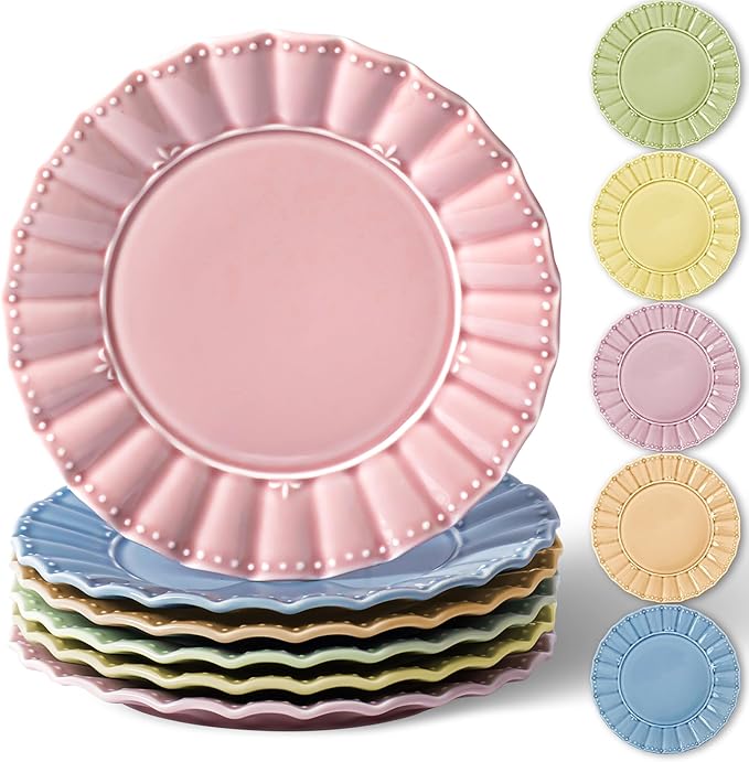HOMBENE Dessert Plates 8 Inches Set for 6 Ceramic Serving Plates,plates for Cake Waffles, Snacks, Pasta, Noodle,Dinner, Microwave & Dishwasher Safe, Wavy Style (Mixed Colors)