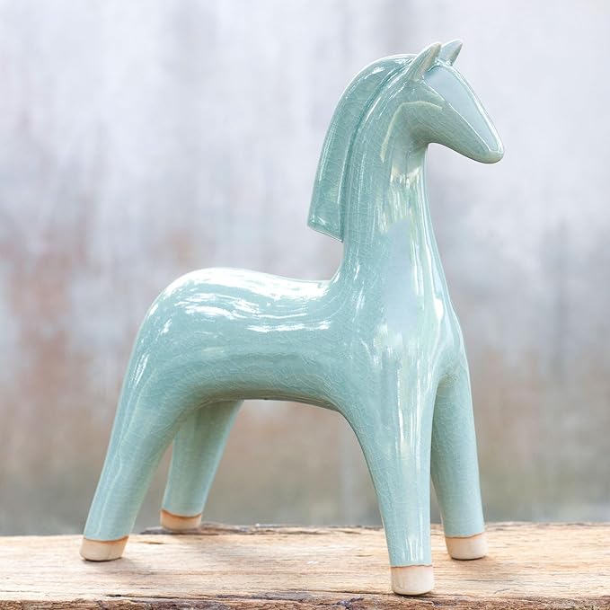NOVICA Green Celadon Ceramic Sculpture, 10.75" Tall 'Elegant Equine'