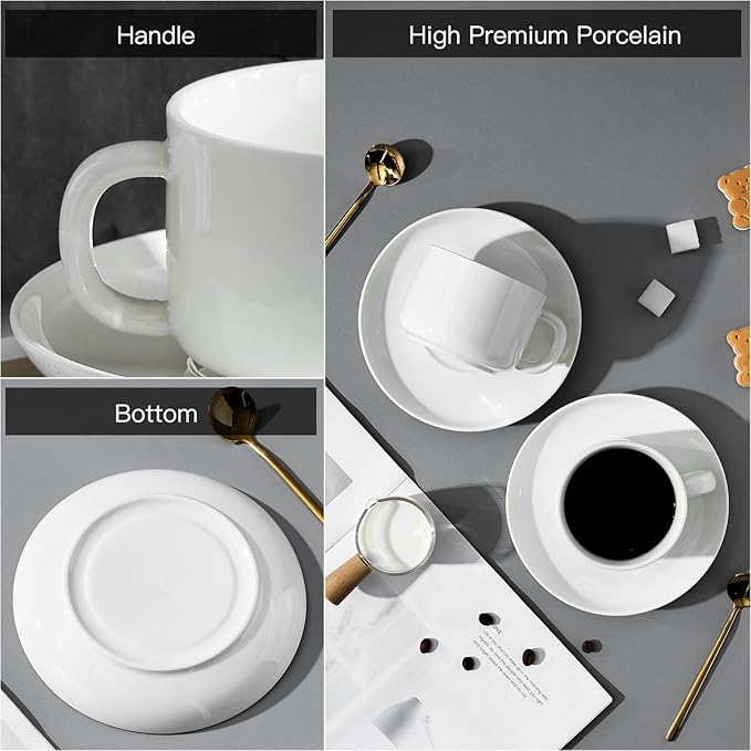 8oz Cappuccino Cups Set of 4, Ceramic Coffee Cups and Saucers Set with Spoons, Off-white Durable Coffee Cups for Cappuccino Espresso Latte Mocha Au Lait Macchiato Cafe