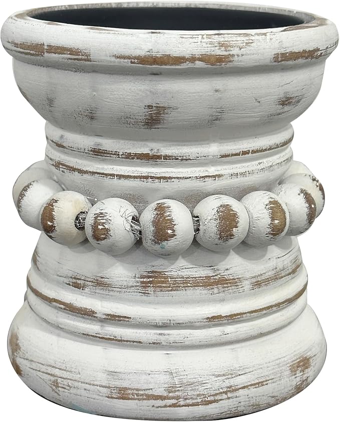 Farmhouse Rustic Wood Pillar Candle Holder, Decorative Beaded Candlestick Holder Stand for Home Décor, Gifts, Wedding (White Wash)