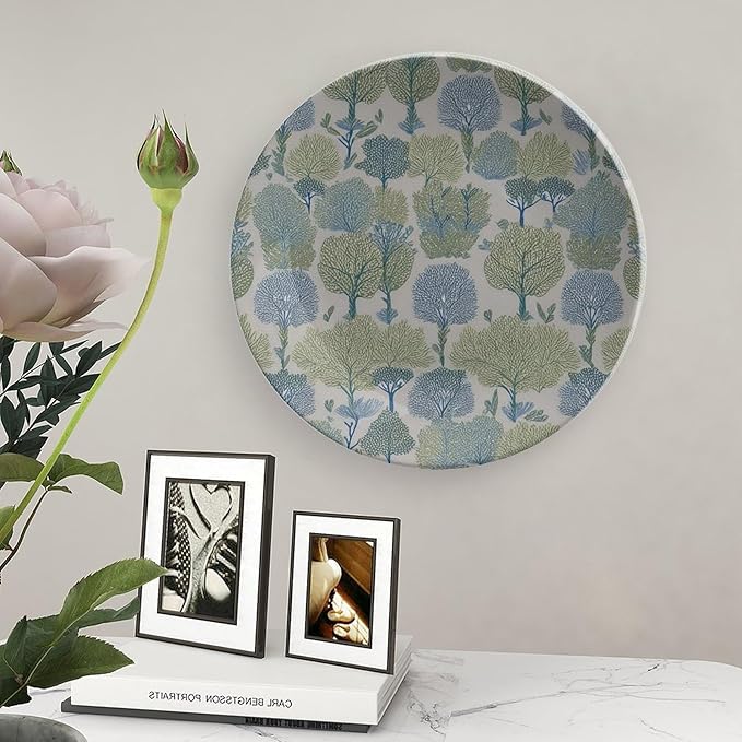 Home Decorations Fashion Plates, Green And Blue Forest Custom Christmas Gifts Design Collector Plates for Display Table Wall Decor, Including Bracket And Special Hook