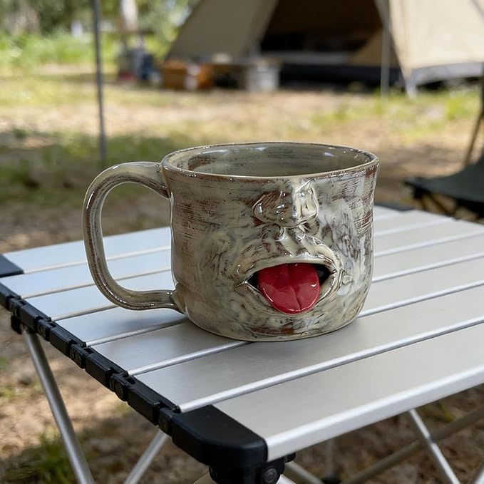 Handmade Face Shaped Ceramic Mug, Funky Novelty Sculptural Coffee Cup with Tongue, Unique Artisanal Pottery for Tea or Coffee, Perfect Gag Gift for Friends, Office & Home Decor (1pc)