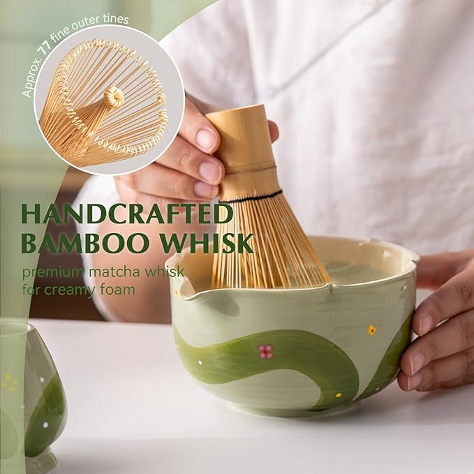 Matcha Whisk Set, 7Pcs Matcha Set with Hand-Painted Ceramic Matcha Bowl, Matcha Whisk and Holder, Scoop and Rest, Sifter, Tea Towel, Artisan Matcha Kit for Ceremony & Gifting (Green)