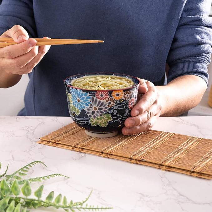 Urban Tokyo Handpainted Ceramic Glazed Japanese Ramen Udon Noodle Rice Bowl With Chopsticks 20 fl oz 5 inch Diameter Bowl Sets Color Box Packaging (Floral Assortment)