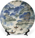 Asian Scenic in Blue And Kelly Green Chinoiserie Ceramic Decorative Plate, Ceramic Ornaments Dessert Plates for Table Kitchen Decor, with 1 Display Stand Art Decorations for Festival Art Decoration