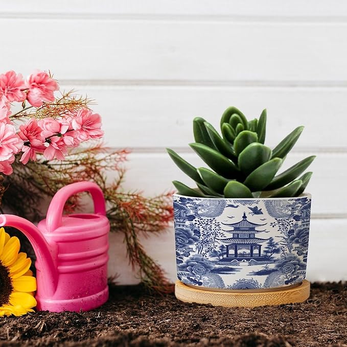 Chinoiserie Blue Asian Ceramic Planter Chinoiserie Chic Asian Pots for Plants with Drainage Holes and Saucers Pot for Succulents Cactus Garden Windowsill
