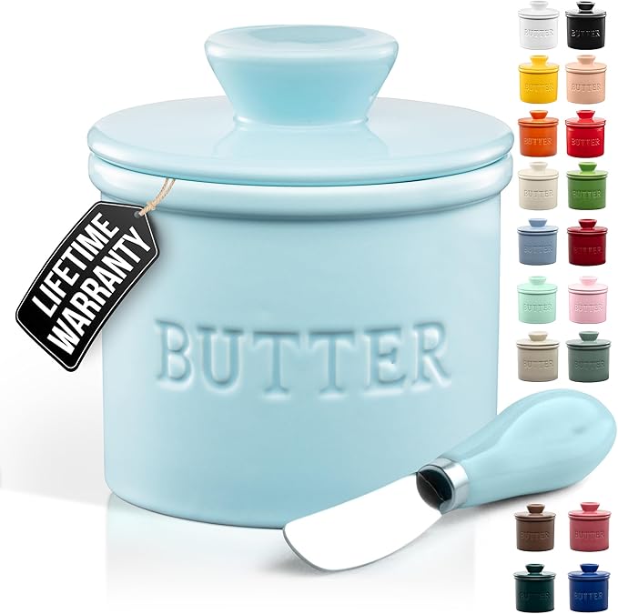Zulay Kitchen Bell Shaped Butter Crock with Lid for Countertop with Water Line & Spreader Knife, Ceramic French Butter Dish Keeper For Fresh, Soft & Spreadable Butter - Light Blue