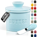 Zulay Kitchen Bell Shaped Butter Crock with Lid for Countertop with Water Line & Spreader Knife, Ceramic French Butter Dish Keeper For Fresh, Soft & Spreadable Butter - Light Blue