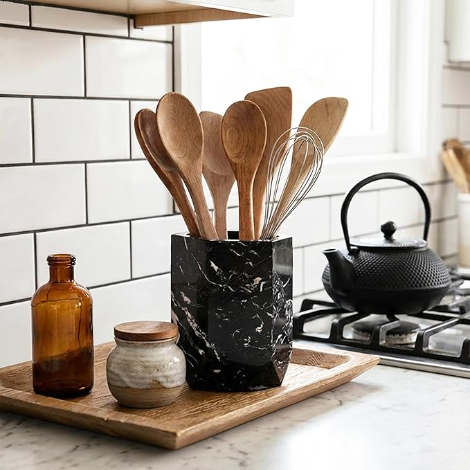 Radicaln Marble Utensil Holder 6.5'' Inches Black Spatula Set for Kitchen Counter, Ideal Cooking Utensils Jar & Kitchen Essentials Organizer, Ideal Utensil Caddy & Spoon Holder