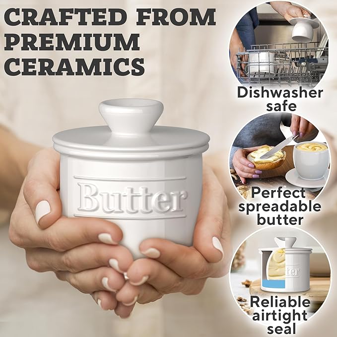 Premium Butter Crock with Lid - Original Design French Butter Dish - Beautiful Ceramic Butter Keeper for Counter with Water Line - Perfect to Keep Butter Soft and Spreadable - White