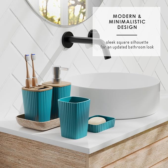 Clara Clark Bathroom Set - Teal Bathroom Accessories Set, 6PC Bathroom Accessory Set, Bathroom Sets with Bathroom Rugs, Toilet Brush, Trash Can & Soap Dispenser