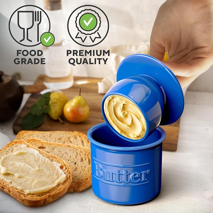 Premium Butter Crock with Lid - Original Design French Butter Dish - Beautiful Ceramic Butter Keeper for Counter with Water Line - Perfect to Keep Butter Soft and Spreadable - Dark Blue