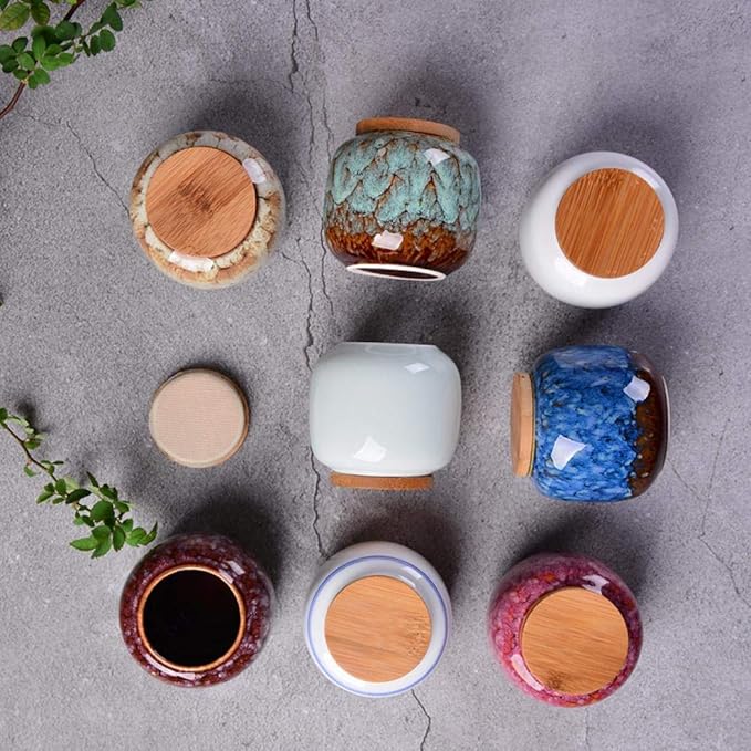 Gets Vintage Chinese Style Ceramic Storage Jars with Bamboo Lid, Traditional Tea Tins Cans Canister for Kitchen Spice, Tea, Coffee, Condiment (Dark Blue, 8x7.3 cm)