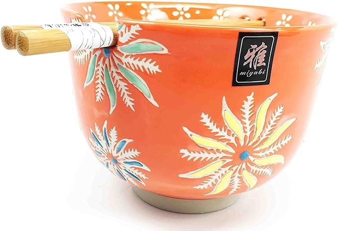 Ebros Japanese Design Ceramic Ramen Udong Noodles Bowl and Chopsticks Set For Asian Dining Soup Rice Gourmet Meal As Taste of Asia Collection Of Bowls Decor Kitchen Decorative (Orange Flower Blossoms)