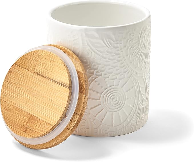 American Atelier Embossed Canister Set 4-Piece Ceramic Set Jar Container with Wooden Lids for Cookies, Candy, Coffee, Flour, Sugar, Rice, Pasta, Cereal & More White