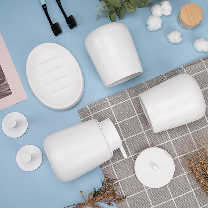 Ceramic Bathroom Accessories Set 6 Pcs, White Bathroom Accessory Set Includes Liquid Soap Dispenser with Rust-Proof Plastic Pump, Bathroom Cup, Qtip Holder, Soap Dish, 2Pcs Adhesive Hooks for Home