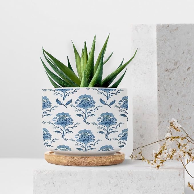 Mughal Flower in Planters Ceramic Blue Floral Round Flower Pots with Drainage Holes and Bamboo Tray Pot for Pots Outdoor Indoor Plants