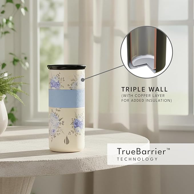 Elemental Artisan Insulated Tumbler, Triple Wall Coffee Travel Mug, Reusable Stainless Steel Coffee Tumbler with Ceramic Lid, Thermal Coffee Cups for Hot (6 Hrs) & Cold (18 Hrs), 16oz - Blue Blooms