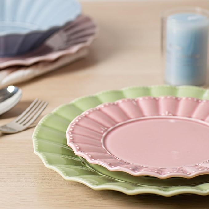 HOMBENE Dessert Plates 8 Inches Set for 6 Ceramic Serving Plates,plates for Cake Waffles, Snacks, Pasta, Noodle,Dinner, Microwave & Dishwasher Safe, Wavy Style (Mixed Colors)