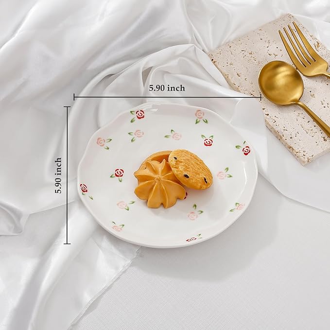 Koythin Ceramic Dessert Plates, Cute Fruits Dinner Plate, Printed Flowers Dinnerware for Office and Home, Kitchen Plates for Desserts (Red Rose Fragmented Flowers)