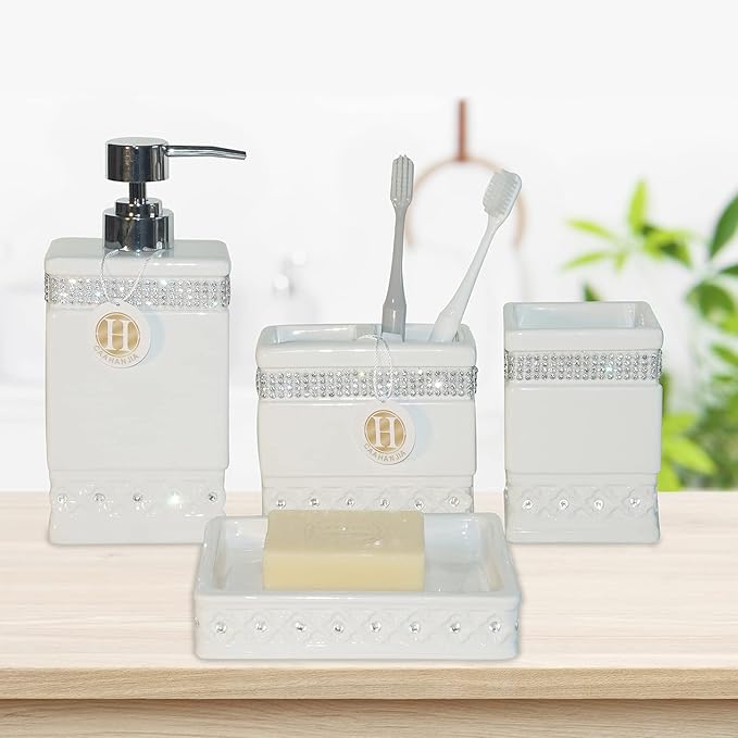 Bathroom Accessories Set 4 Pcs-Ceramic Gift Set Soap Dispenser Pump & Toothbrush Holder & Tumbler Cup & Soap Dish - Bathroom Home Decor Clearance, Countertop Vanity Organize (15 Ounce)