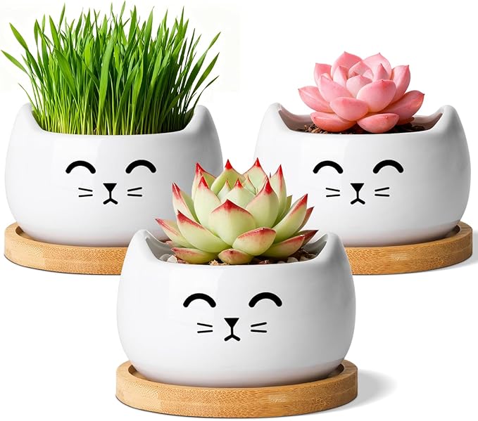 T4U Cat Planter 3.8 Inch, 3 Pcs Cute Cat Small Plant Pots for Indoor Plants, Mini Cat Succulent Pots for Plants, Ceramic Succulent Planters with Drainage, Tiny Flower Pots