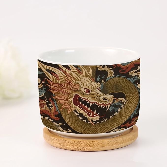 Antique Chinoiserie Dragon Ceramics Pots for Plants Set of 5 Dragon Gold Oriental Style Asian Flower Pot Planter with Drainage Bamboo Trays Chinoiserie Small Ceramics Plant Pot
