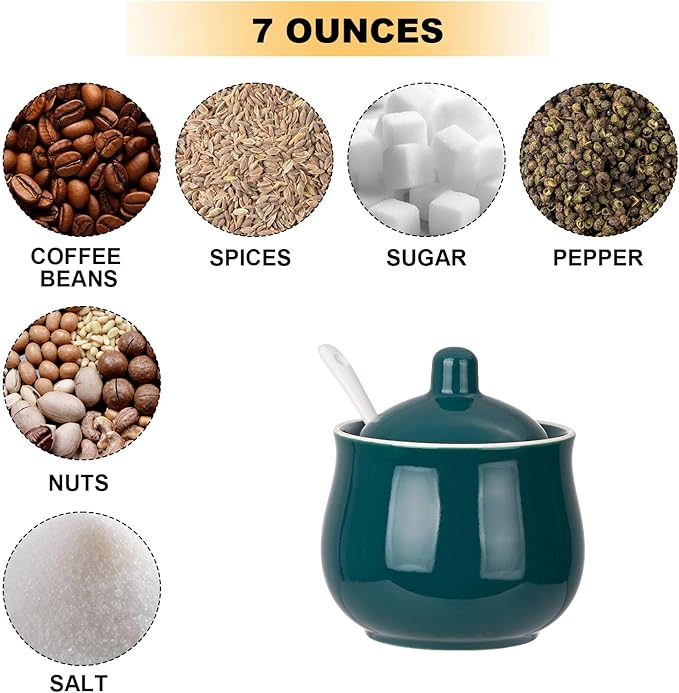 Ceramic Sugar Bowl with Lid and Spoon, Green Porcelain Sugar Salt Pepper Storage Jar, 7 Ounces