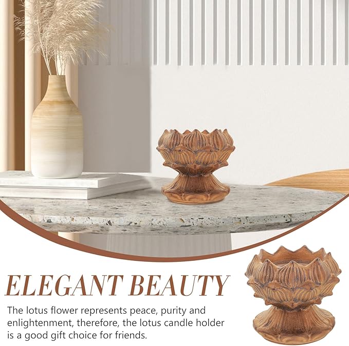 Vintage Lotus Ceramic Candlestick Holder Rust Color Buddhist Candle Holder for Home Decor Asian Style