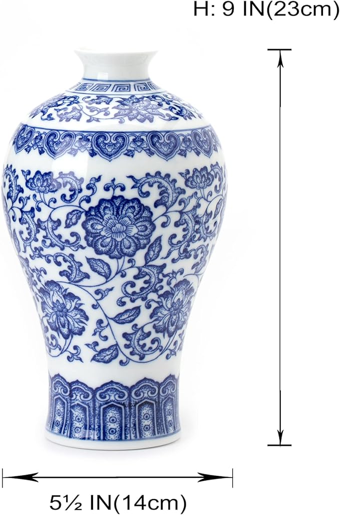 Blue and White Chinoiserie Ginger Jar Vase for Home Decor, Porcelain, 9" H