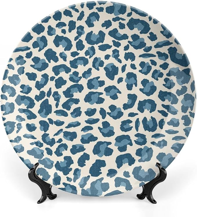 Leopard Animal Print Blue And Beige China Plates of 6", 7", 9", 10", Custom Animals Wildlife with Textures Wall Hanging Decoration, Household Club Decorations Housewarming Gifts, with 1 Display Stand
