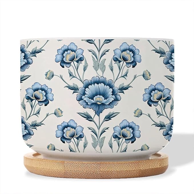 1 Piece Ceramics Planter Mughal Flower Small Pots for Succulents Chinoiserie Blue Floral Cactus Pot for Indoor Asian Scenery Chinoiserie Plant Pot with Drainage Holes