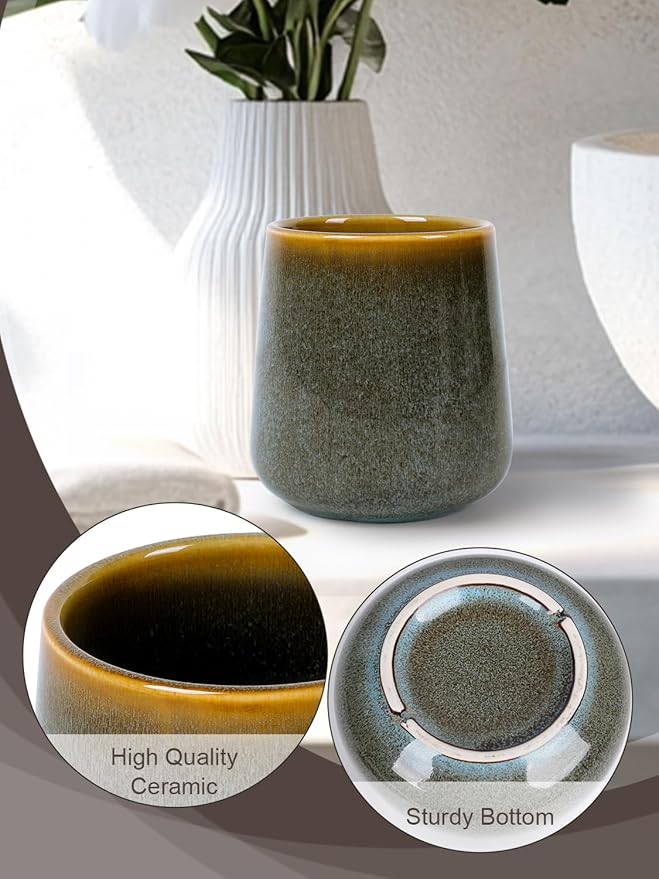 INGOFIN Ceramic Toothbrush Holder Cup, 12 oz Toothpaste Holder for Bathroom Vanity and Countertop, Organizer for Cosmetic, Makeup, Office Pencils, for Hotel Apartment, Kiln-Glazed Green