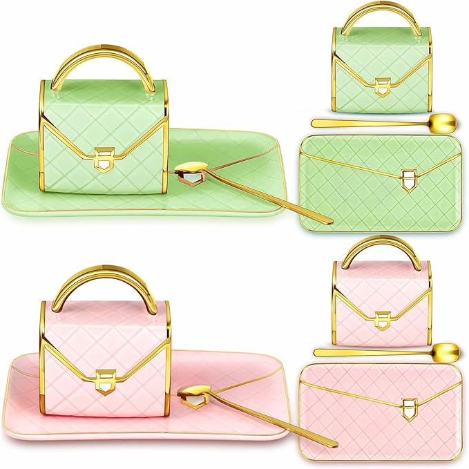 Zubebe 2 Set Coffee Mug Elegant Handbag Shaped Cup Mother's Day Modern Ceramic Purse Mug with Spoon and Saucer, 10oz Cute Creative Tea Cup for Woman Girls Gift (Light Green,Pink)